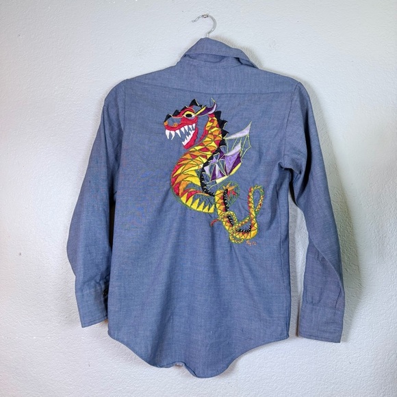 Wrangler Tops - Wrangler Dragon Embroidered Western Denim Blue Red Button Down Collared Shirt 14